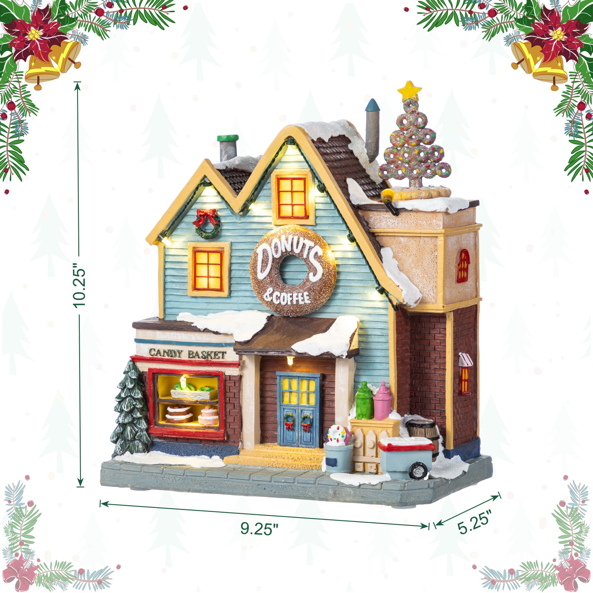 Glitzhome® 10.25" Lighted Christmas Donuts & Coffee Shop Resin Village with Movement and Music